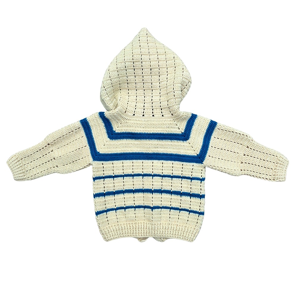 Handmade Boy's Sweater‎ Size 6 Cream Blue Stripe Hood Crochet Nautical Button - Picture 2 of 7